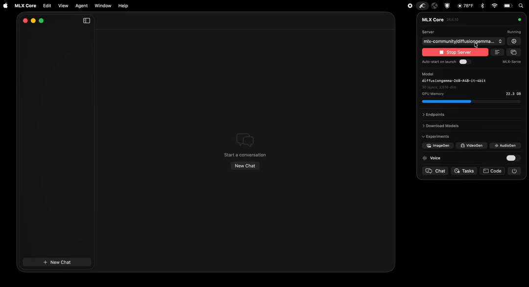 MLX Core app — DiffusionGemma block diffusion running live in the chat interface