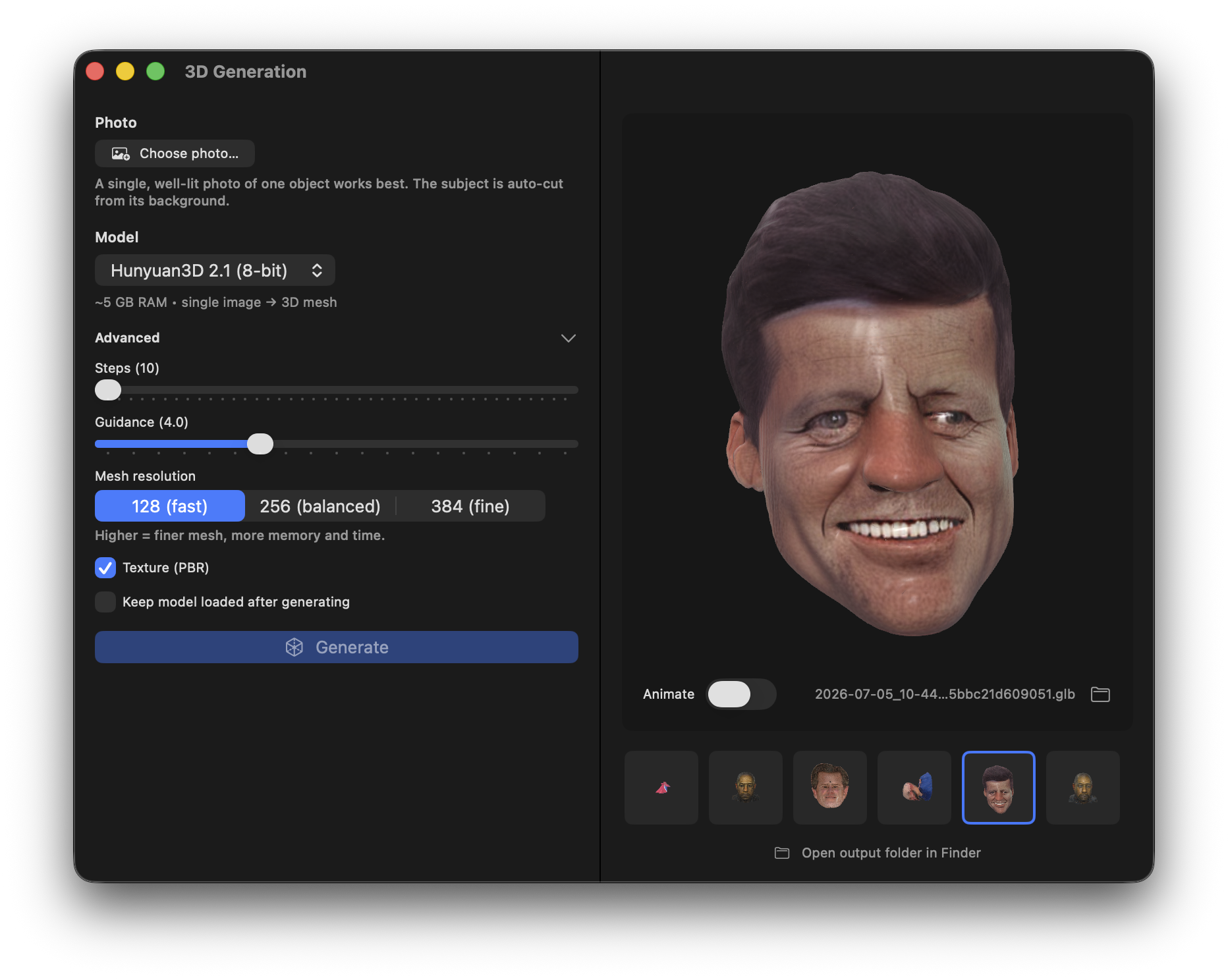 MLX Core 3D pane — a photo turned into a textured 3D model spinning in the built-in viewer, with a generation history shelf