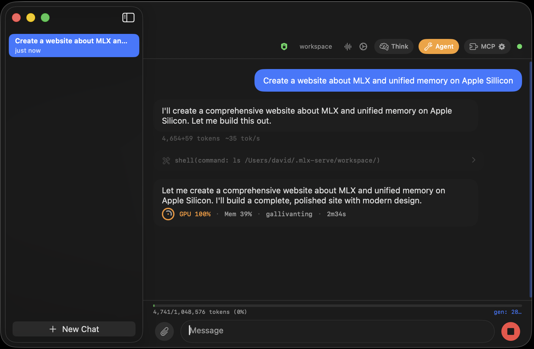 MLX Core agent chat: a small model writing a complete file through folded tool-call cards