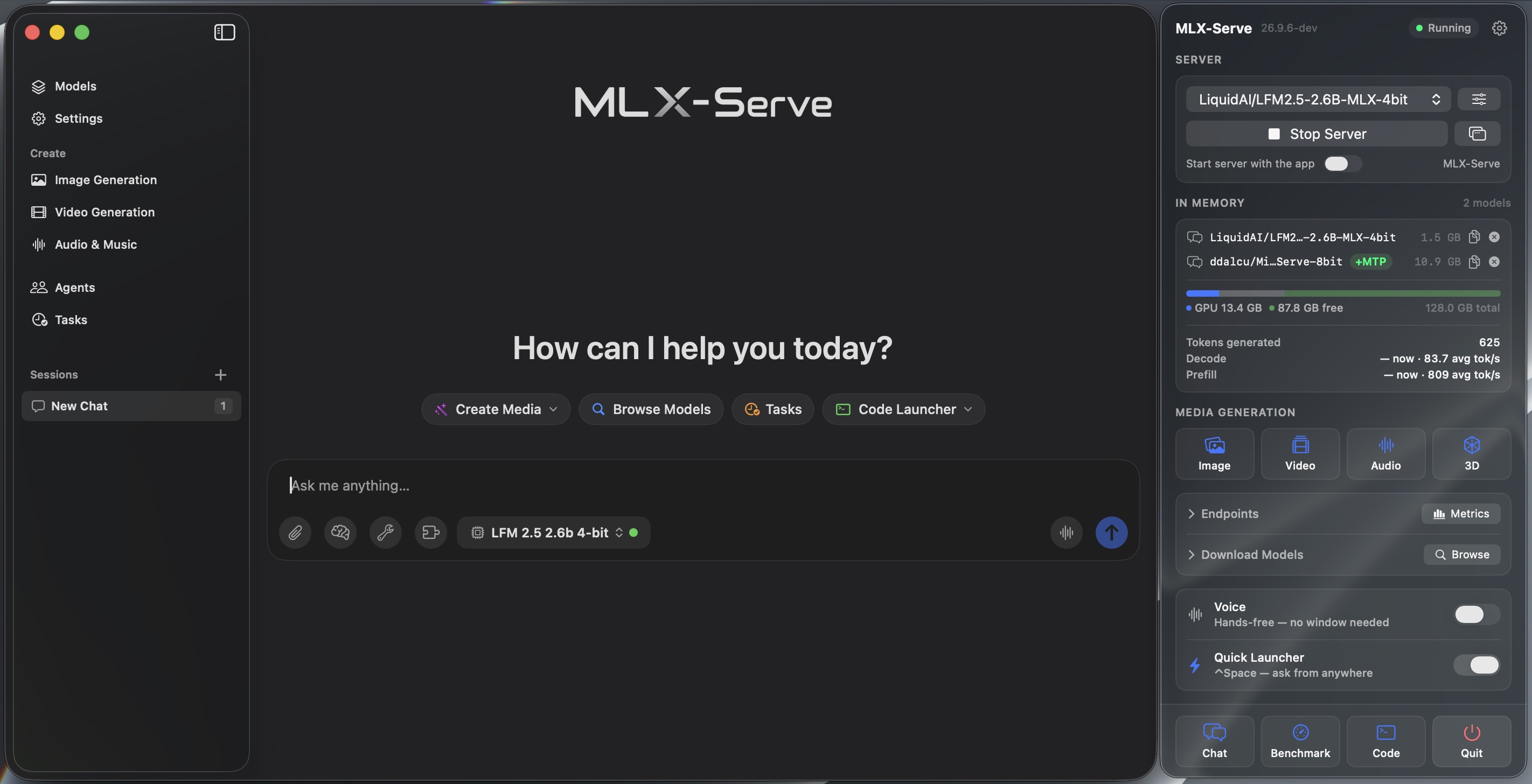 MLX-Serve app: the chat window and the menu bar panel with the server, models in memory and media generation