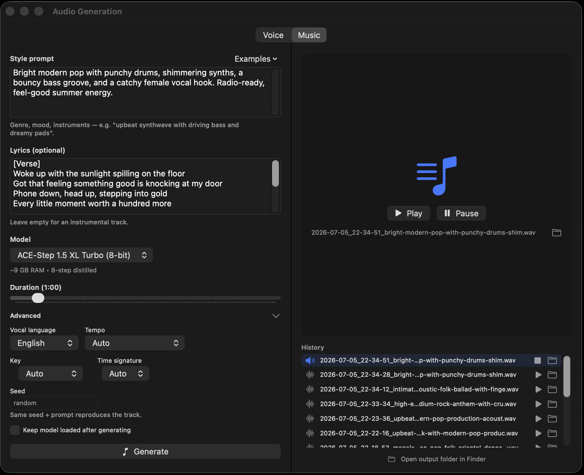 MLX Core Audio pane, Music tab — style prompt, lyrics, duration and musical steering controls with a generation history