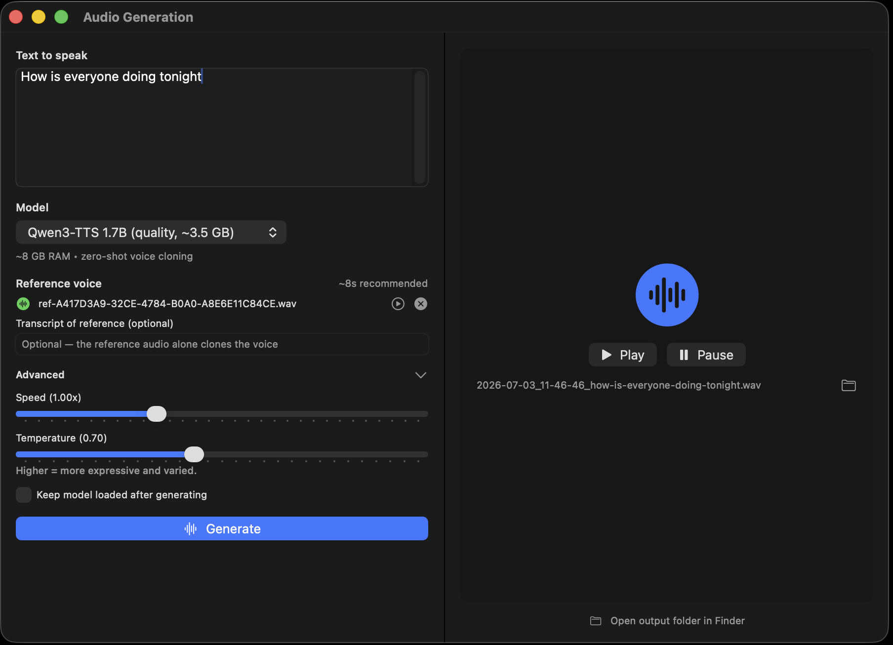 MLX Core Audio pane with in-app voice recording for zero-shot cloning and text-to-speech controls