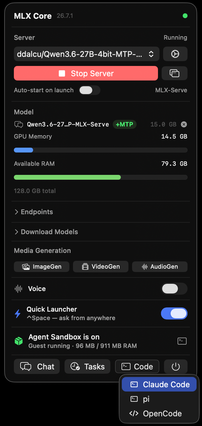 MLX Core menu-bar app showing the one-click Launch Claude Code button