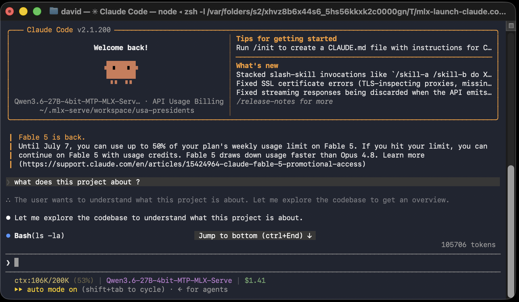 Claude Code running in a terminal against a local model served by mlx-serve