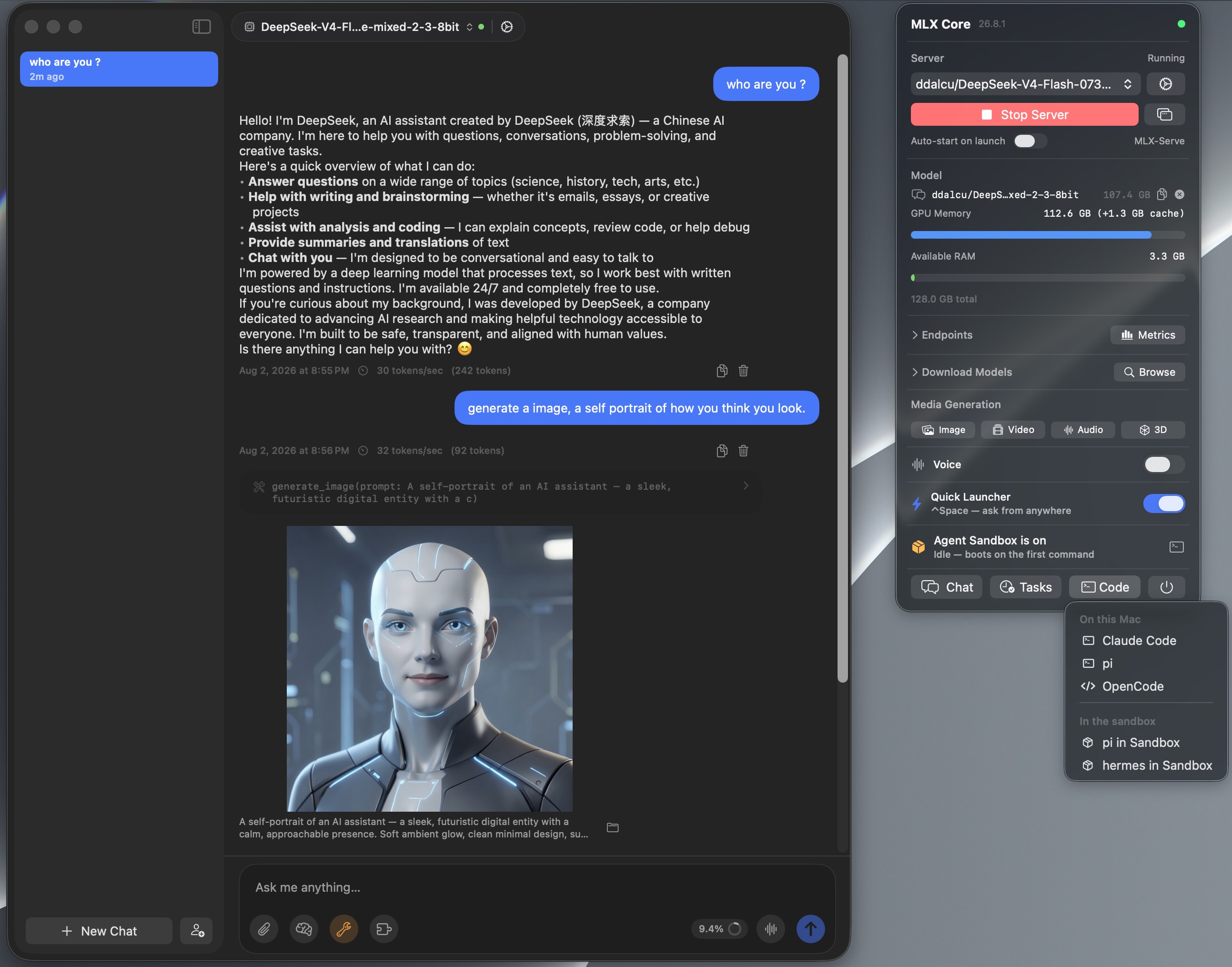 MLX Core app — Cat with Deepseek, Use Voice Mode, Generate Media