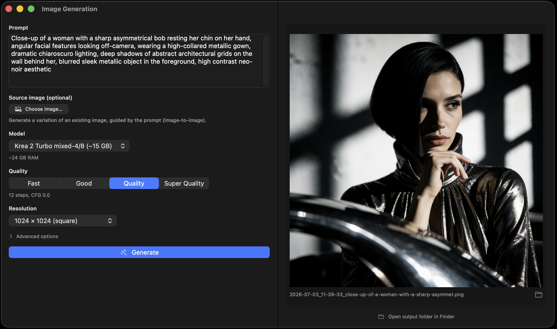 MLX Core Image generation pane with a finished photorealistic render and live progress controls