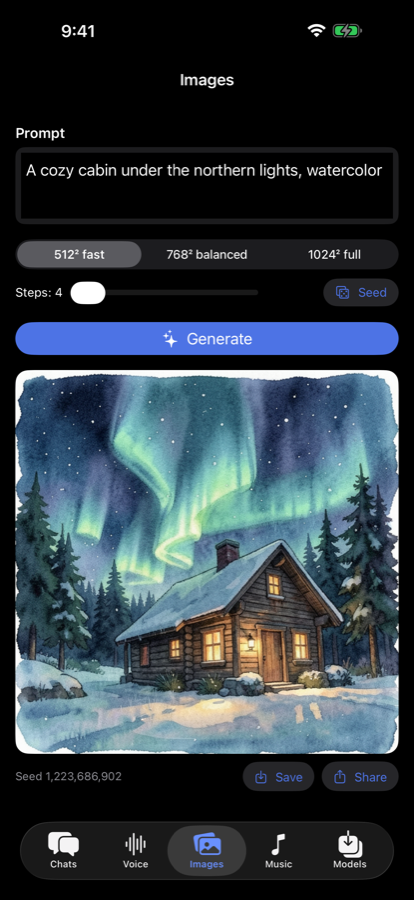 MLX Chat on iPhone generating an image on-device
