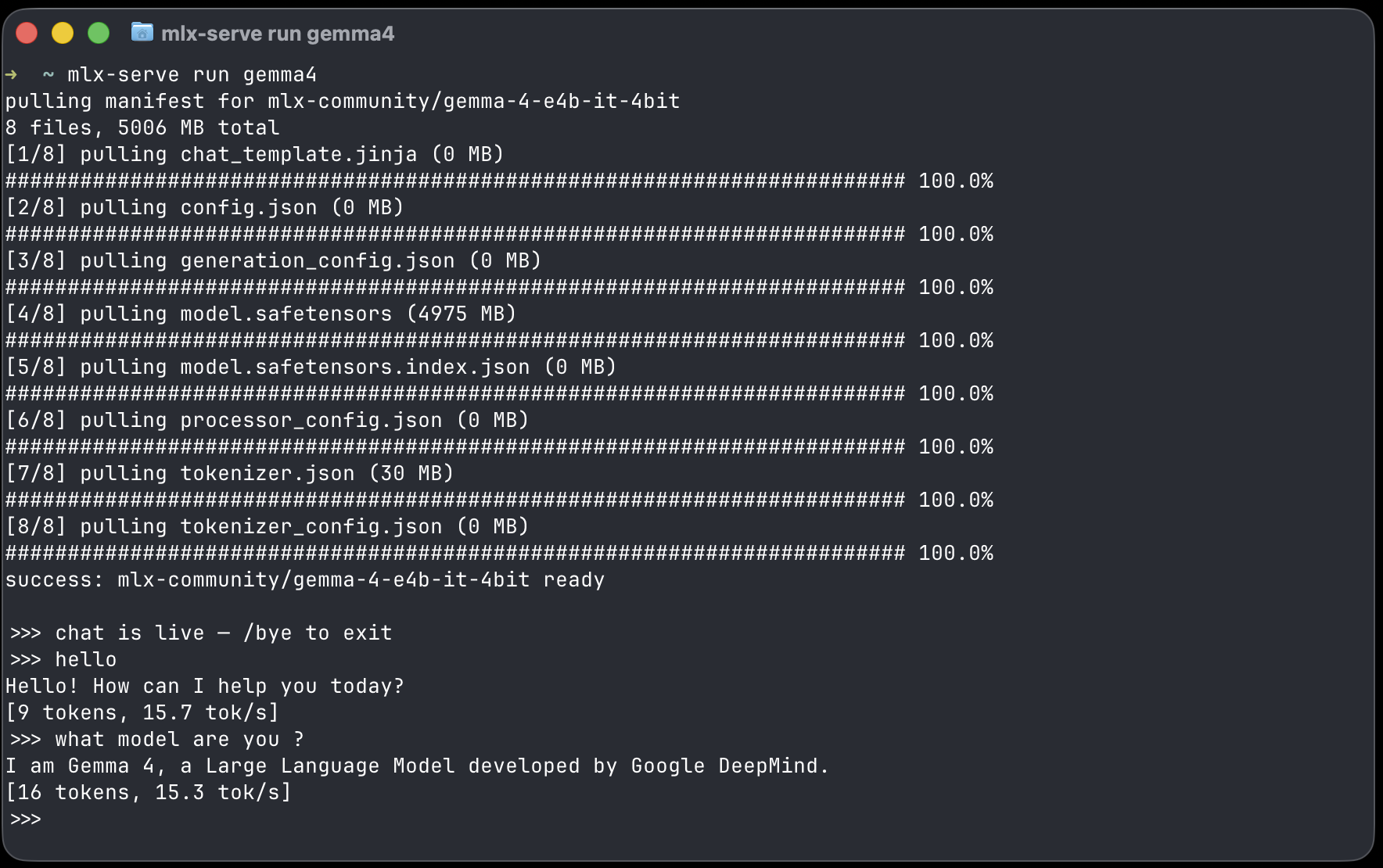 mlx-serve run gemma4 — terminal chat REPL with live tokens per second