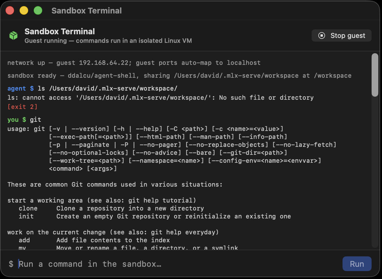 MLX Core chat with the green sandbox shield active while an agent runs shell commands in the Linux VM