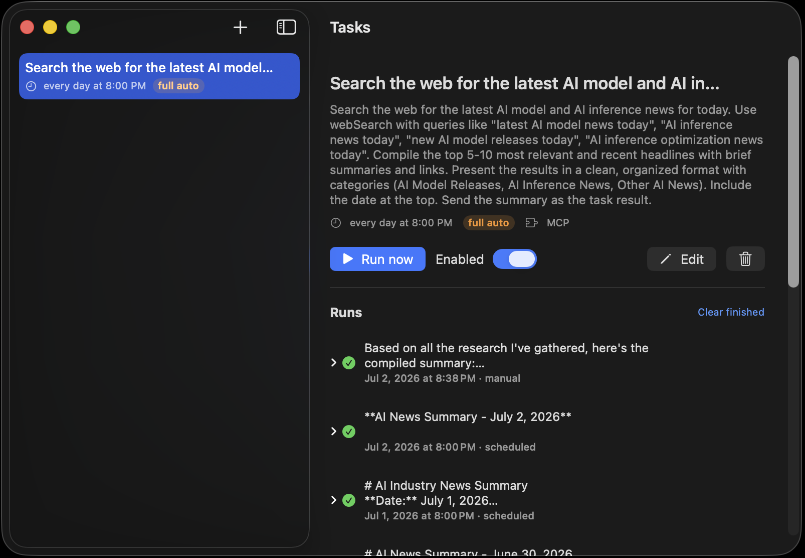 The Tasks window with a scheduled agent task, run history, and autonomy level controls