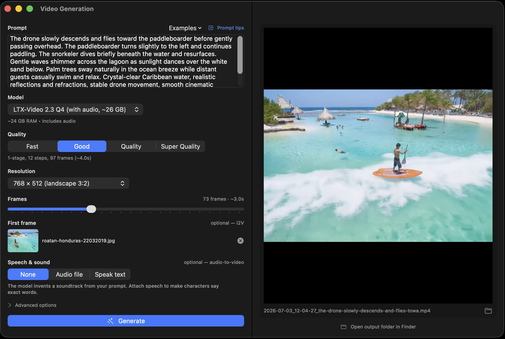 Video pane with a personal photo loaded in the First-frame slot and a speech clip attached