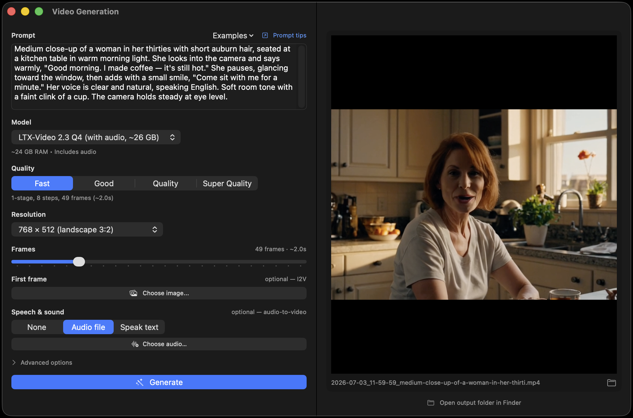 MLX Core Video generation pane with prompt, quality presets, first-frame slot, and Speech & sound section