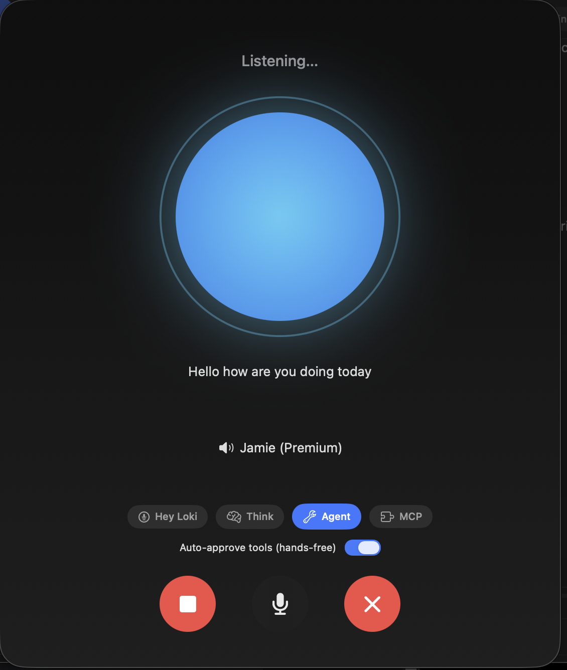 Hands-free Voice Mode: the animated listening orb over the chat window